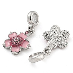 ラックメッキ合金エナメル桃の花の花ヨーロッパのダングルチャーム  大穴ペンダント  ラインストーン付き  プラチナ  カドミウムフリー＆ニッケルフリー＆鉛フリー  ローズ  30mm  穴：4.8mm  桃の花：19x14.5x3.5mm&nbsp;FIND-B034-13P