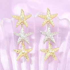 真鍮製マイクロパヴェキュービックジルコニアダングルスタッドピアス  ヒトデ  鉛フリー＆カドミウムフリー  長持ちメッキ  ラックめっき  プラチナ·ゴールデン  42.5x16.5mm&nbsp;EJEW-G471-29B-GP