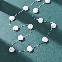 304 Stainless Steel with ABS Plastic Pearl Flat Round Bead Cable Chain Necklaces for Women&nbsp;NJEW-G190-03P