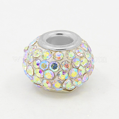 レジンラインストーンヨーロピアンビーズ  大穴ビーズ  ロンデル  白金金属色  クリスタルAB  15x10mm  穴：5mm&nbsp;MPDL-J018-21P