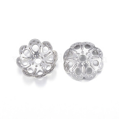 変色しにくい304ステンレススチールのファンシービーズキャップ  花  マルチ花弁  ステンレス鋼色  9x2mm  穴：1.5mm&nbsp;STAS-F084-12P