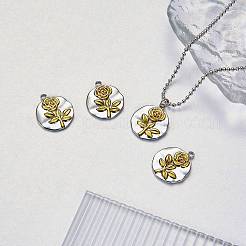 304ステンレスペンダント  バラのチャーム付きフラットラウンド  本金メッキ&ステンレススチールカラー  21x18x2.5mm  穴：2.5mm  5個/セット&nbsp;STAS-SZ0003-52B