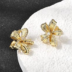 Valentine's Day Flower Brass Clear Cubic Zirconia Stud Earrings for Women&nbsp;EJEW-A162-09G