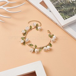 Shell Pearl Flower with Leaf Charm Bracelet with Bar Link Chains&nbsp;BJEW-TA00215