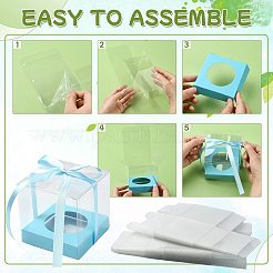 四角いペット＆紙製ベーカリーボックス  ケーキ保存容器用のポリエステルリボン付き  ライトスカイブルー  90x90x90mm&nbsp;CON-FZC0002-004D