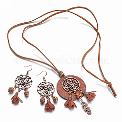 Bohemian Style Alloy & Wood & Leather Dangle Earrings & Necklaces Sets&nbsp;FS-WG3D99C-01