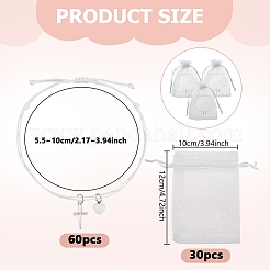 合金とステンレススチールのチャームブレスレット60個  女性用ナイロンコード編みブレスレット  クロス＆ハート  オーガンジーギフトバッグ付き  ホワイト  内径：2-1/8~4インチ（5.5~10cm）&nbsp;BJEW-UN00035