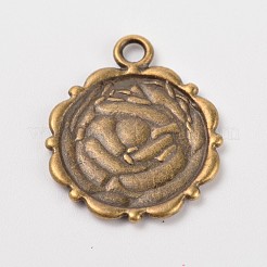 花の合金のペンダントカボションのセッティングとハーフラウンド/ドーム透明なガラスカボション  鉛フリーとニッケルフリー  アンティークブロンズ  セッティング：トレイ：14mm  23x18mm  穴：3mm  ガラスカボション：14x4.2ミリ&nbsp;DIY-X0221-AB-FF