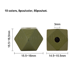 塗装天然木製ビーズ  多面カット  ポリゴン  ミックスカラー  15.5~16x14.5~15.5x15.5~16.5mm  穴：3mm  10色  8個/カラー  80個/セット&nbsp;WOOD-FH0001-09