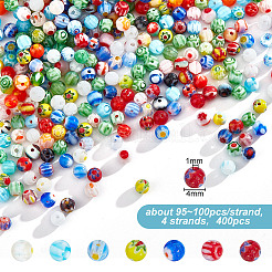 4 Strands Handmade Millefiori Glass Round Bead Strands&nbsp;LAMP-GO0001-13