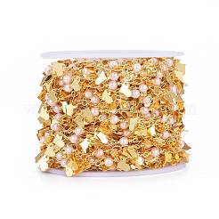 真鍮チェーン  プラスチック製の模造真珠ビーズとハートのチャームと糸巻き付き  ハンダ付け  長持ちメッキ  18KGP本金メッキ  リンク：3.8x2.5x0.4mm  ビーズ：3.5mm  約32.8フィート（10m）/ロール&nbsp;CHC-K009-13G-1