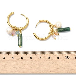天然宝石と淡水パールのドロップピアス  202ステンレススチール製のハギーフープと真鍮製の金具付き  ゴールドカラー  ミックスカラー  48x8mm&nbsp;EJEW-JE07170