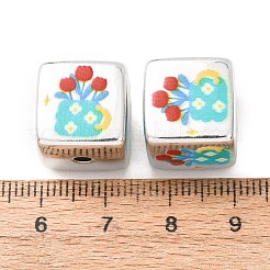 プリントメッキアクリルビーズ  キューブ  銀メッキ  ターコイズ  花  14x14x14mm  穴：2.5mm&nbsp;AC-CBA655C-17F