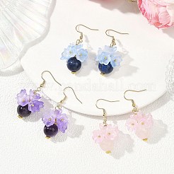 天然ラピスラズリ、天然ローズクォーツ、天然アメジストの304ステンレススチール製ダングルイヤリング  ガラスの花付き  ゴールドカラー  50x20mm  3のペア/セット&nbsp;EJEW-JE06694