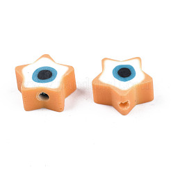 手作り樹脂粘土ビーズ  ナザールボンジュウ付きスター  オレンジ  9x9x3.5~4.5mm  穴：1.4mm&nbsp;CLAY-T019-09J