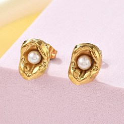 304ステンレススチールスタッドピアス  淡水パールビーズ付き  花  イオンプレーティング（ip）  18KGP本金メッキ  12.5x8.5mm&nbsp;EJEW-S246-06G