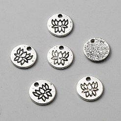 合金のチベット風チャーム  蓮のチャーム付きフラットラウンド  アンティークシルバー  12x1.5mm  穴：1.5mm&nbsp;FIND-CJC0012-039