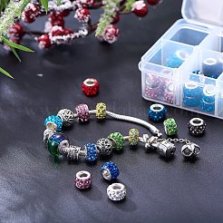 樹脂粘土ラインストーンヨーロピアンビーズ  大穴ロンデルビーズ  プラチナカラーコア  ミックスカラー  10~12x7~8mm  穴：5mm  ラインストーン：pp17（（2.3~2.4mm）&nbsp;CPDL-NB0001-02
