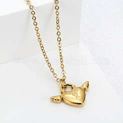 304 Stainless Steel Heart Lock with Angel Wings Pendant Necklaces for Women&nbsp;WG91D89-01