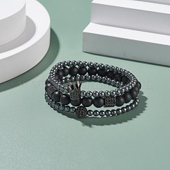 3個3スタイルラウンド合成ブラックストーン＆ヘマタイトビーズストレッチブレスレットセット  女性のためのボールクラウン六角形の宝石用原石のブレスレット  ガンメタ色  内径：2 1/4~2-3/8インチ（5.7~6.1cm）&nbsp;BJEW-JB07688-02