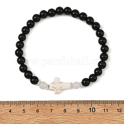 Dyed Synthetic Turquoise Religion Cross & Round Natural Black Onyx(Dyed & Heated) & White Moonstone Beaded Stretch Bracelets&nbsp;BJEW-JB14404