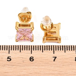304ステンレススチールマイクロパヴェキュービックジルコニアスタッドピアス  正方形  ゴールドカラー  ピンク  9.5x9.5mm&nbsp;EJEW-Z165-01G-02