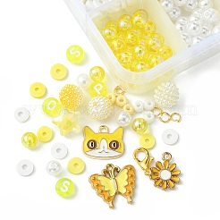 DIY ラウンドアクリル & ガラスビーズブレスレット ジュエリーキット  合金エナメルチャーム付き  きいろ  10mm  穴：1mm&nbsp;DIY-FS0006-29E
