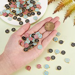 金メッキ合金エナメルチャーム  エポチャーム  アルファベット付きのフラットラウンド  a～zの文字  ミックスカラー  14x12x2mm  穴：1.5mm  26個/セット  5セット /箱&nbsp;ENAM-SZ0001-05G