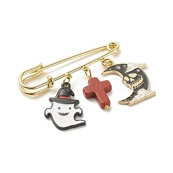 ハロウィーンゴースト＆スカルムーンアロイエナメルチャーム安全ピン、合成ターコイズクロス  女性のための真鍮のセーターショールクリップ  ゴールドカラー  カラフル  47x49.5x5mm&nbsp;JEWB-BR00069-03
