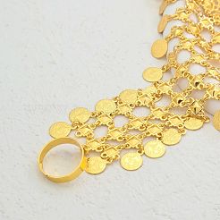 鉄製の重ねコイン＆フラワーリンクリングブレスレット（女性用）  18KGP本金メッキ  3.94インチ（10cm）  リング：1.6~2cm&nbsp;WS2112