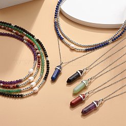 3 個 3 スタイル天然宝石 & パール & 合成ヘマタイト ビーズ ネックレス セット  女性用 304 ステンレススチールチェーン付き宝石弾丸ペンダントネックレス  16.10~16.34インチ（40.9~41.5cm）  1個/スタイル&nbsp;NJEW-JN04028