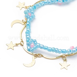 Brass Moon and Star Charms & Seed Flower Double Layer Multi-strand Bracelet for Women&nbsp;BJEW-JB08849