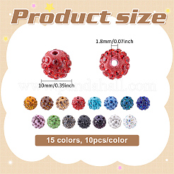 150個15色手作りポリマークレイビーズ  ラウンド  ミックスカラー  9~9.5x10mm  穴：1.8mm  10個/カラー&nbsp;CLAY-ME0001-02