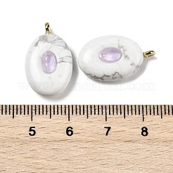 天然ハウライトとキュービックジルコニアのペンダント  真鍮のループが付いた楕円形のチャーム  ゴールドカラー  21.5x13x6.5mm  穴：1.8mm&nbsp;G-Z076-01G-07