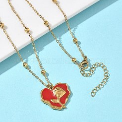 バレンタインデー 304ステンレススチール エナメル ローズフラワー レッドハートペンダント サテライトチェーンネックレス（女性用）  ゴールドカラー  17.32インチ（44cm）&nbsp;NJEW-F374-02G