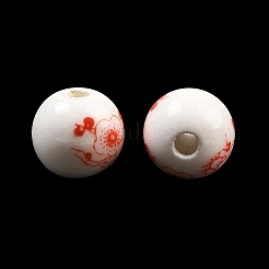 花柄プリントの磁器ビーズ  花柄のセラミックビーズ  ラウンド  レッド  8mm  穴：2mm&nbsp;PORC-Q202-8mm-1