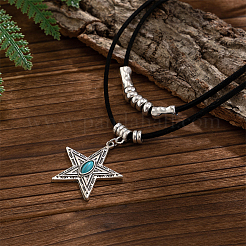 1 Set Alloy Pave Synthetic Turquoise Pendant Double Layer Cord Necklaces&nbsp;NJEW-CL0001-09B