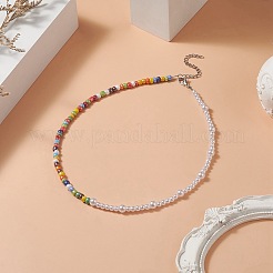 ガラスシードビーズ & ABS プラスチックイミテーションパールビーズネックレス女性用  304ステンレススチール留め具付き  ステンレス鋼色  15.12インチ（38.4cm）&nbsp;NJEW-JN04264