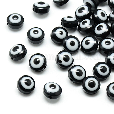 樹脂ビーズ  フラットラウンド  ナザールボンジュウ  ブラック  6x4mm  穴：1.5mm&nbsp;RESI-S339-4x6-01-1