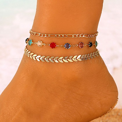 合金のカラフルなラインストーンチェーン3層アンクレット（女性