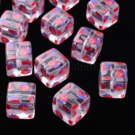 透明印刷アクリルビーズ  フルーツ模様の四角  イチゴの模様  16x16x16mm  穴：3mm&nbsp;MACR-S374-08A-03-1