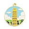 Alloy Enamel Pendants, Golden, Flat Round with Building Pattern, Sky Blue, 27x22x1.5mm, Hole: 1.8mm