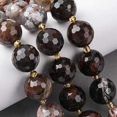 Natural Petrified Wood Beads Strands, Faceted, Round, with Seed Beads, 15~16mm, Hole: 1.4~1.6mm, about 21pcs/strand, 15.35~15.94 inch(39~40.5cm)