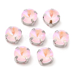Mocha Fluorescent(MI) Flat Round Sew on Rhinestone, Multi-strand Links, with Brass Prong Settings, Garments Accessories, Light Rose, 9x6.5mm, Hole: 1mm