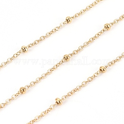 Ion Plating(IP) 304 Stainless Steel Cable Chains, Satellite Chains, with Spool and Beads, Soldered, Real 18K Gold Plated, 1.6x1x0.3mm, 2x1mm, about 32.8 Feet(10m)/roll