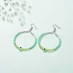 レジンナザールボンジュウ＆アクリルビーズビッグリングダングルピアス  女性用304ステンレスジュエリー  芝生の緑  77mm  ピン：0.6mm&nbsp;EJEW-JE04999-04