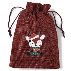 クリスマステーマのジュート布収納バッグ  長方形巾着袋  ファイヤーブリック  鹿  18x13x0.4cm&nbsp;LS-ABAG-F010-01B-06