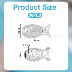 304ステンレススチールビーズ30個  魚  ステンレス鋼色  4.5x9x2.5mm  穴：1mm&nbsp;STAS-UN0064-04