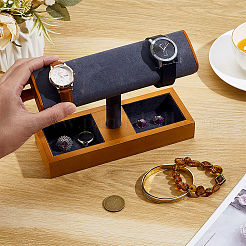 T-Shaped Bar Wood with Velvet Watch Organizer Display Stands with Rectangle Trays for Rings Necklaces Earrings&nbsp;ODIS-PH0009-16B