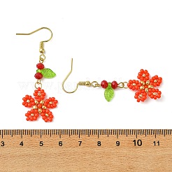 ガラス、アクリル、マレーシア産天然翡翠を使用したドロップピアス  フラワー＆リーフ  304ステンレススチールピアスフック付き  18KGP本金メッキ  ミックスカラー  51.5x17.5mm&nbsp;EJEW-MZ00735